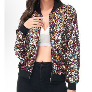 Women's anna-kaci Black Multi-color Sequin Bomber Jacket M